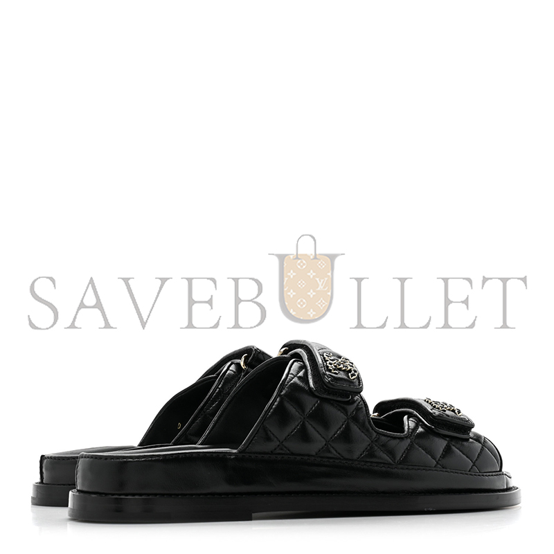 CHANEL LAMBSKIN QUILTED VELCRO DAD CHAIN CC SLIDE SANDALS BLACK G45507